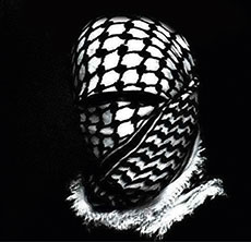 Eine Person, die mit einem Palästinensertuch verhüllt ist.