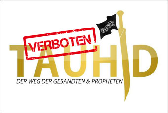 Salafistisches Symbol: Schriftzug „Tauhid“, darauf das Wort „Verboten!“.