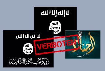 Salafistische Symbole: Arabische Schriftzeichen, darauf das Wort „Verboten!“.