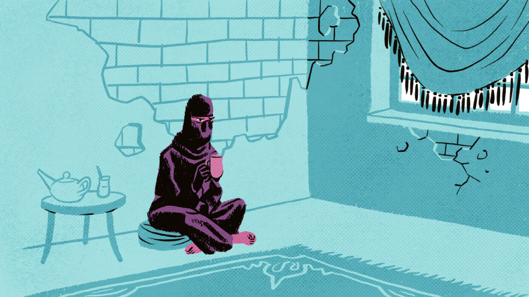 Illustration: Leonie sitzt komplett verhüllt in einem karg eingerichteten Zimmer auf dem Boden.