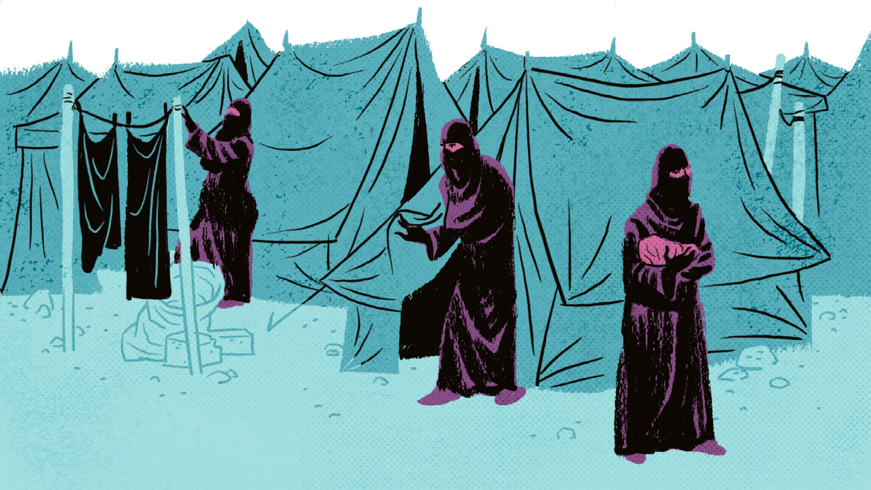 Illustration: Mehrere Frauen stehen zwischen dreckigen Zelten. 