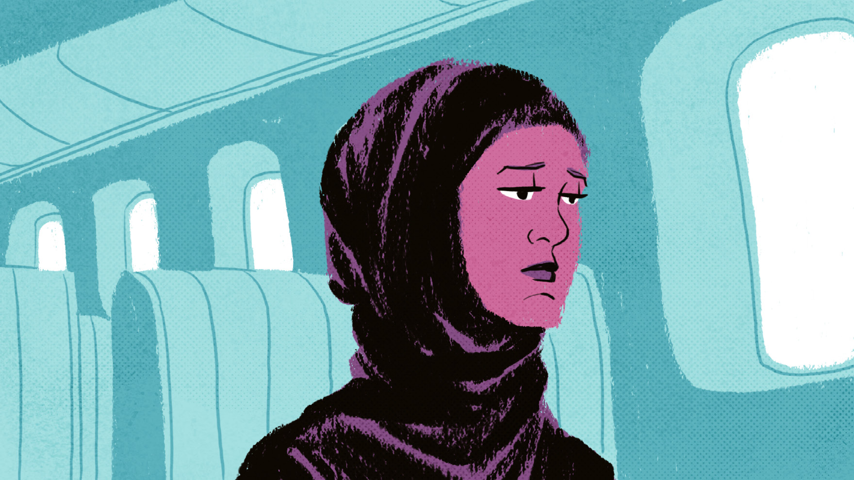Illustration: Leonie sitzt im Flugzeug und schaut traurig aus dem Fenster. 