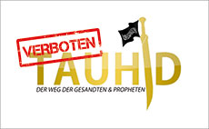 Ein Banner der Organisation Tauhid Germany mit Schwert und Flagge.